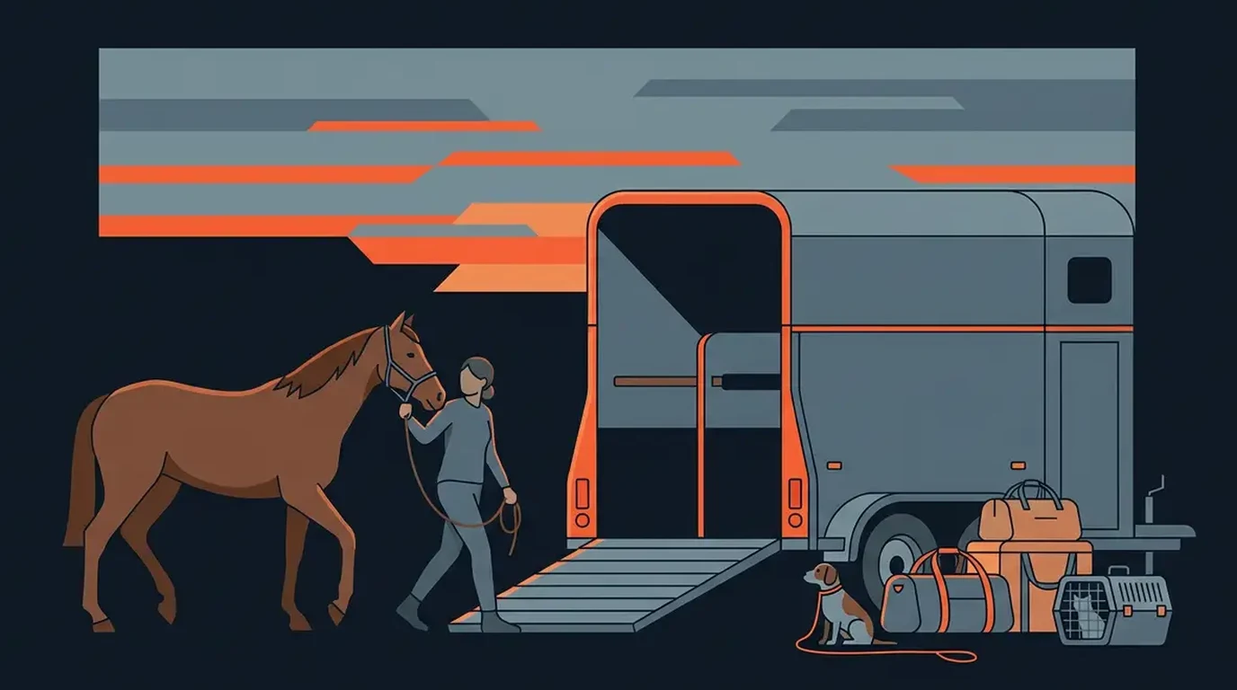 Illustration : un cheval mené vers un van au crépuscule, une caisse de transport et des sacs préparés