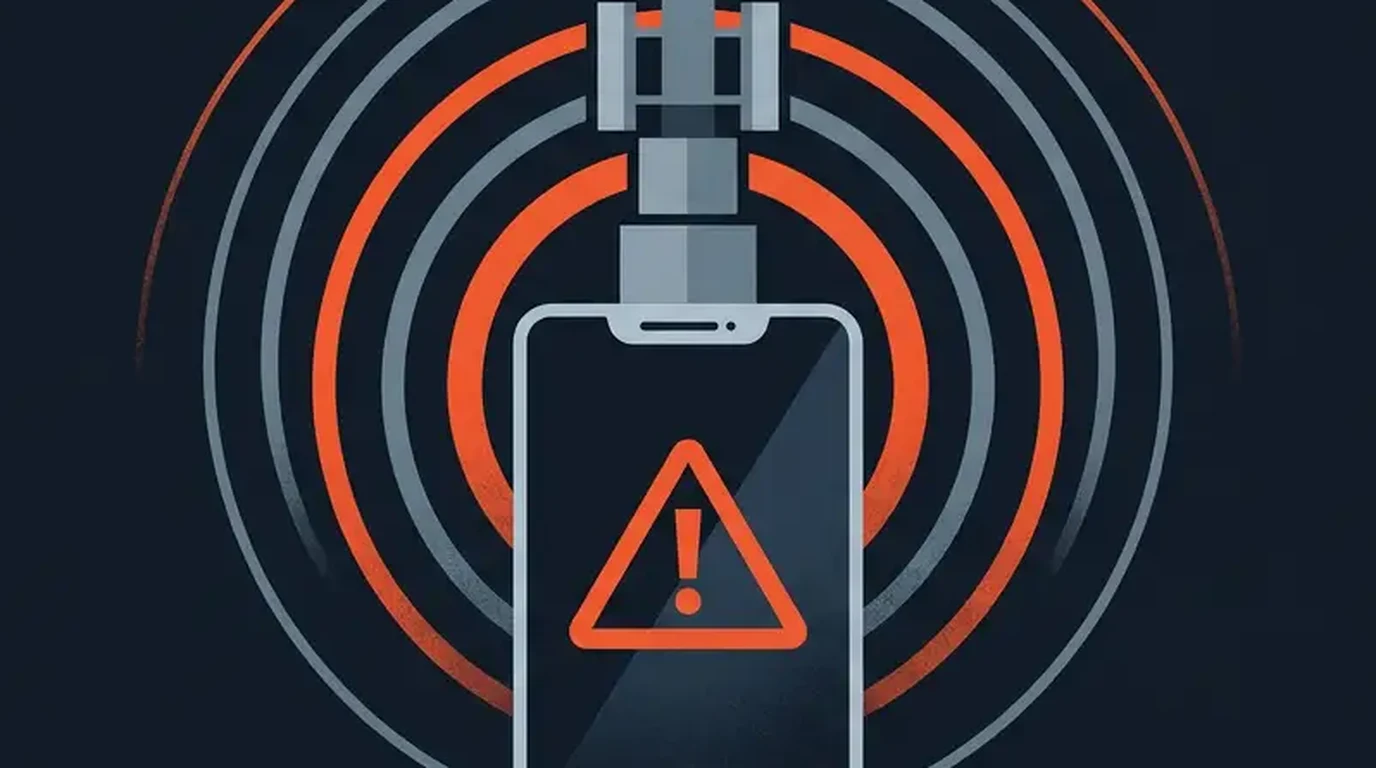 Illustration : un téléphone reçoit une alerte diffusée par une antenne-relais, ondes orange sur fond de nuit